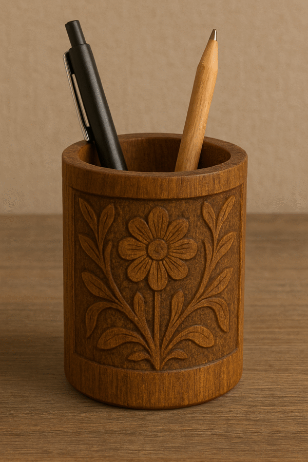 Hand-Carved Wooden Pen Holder